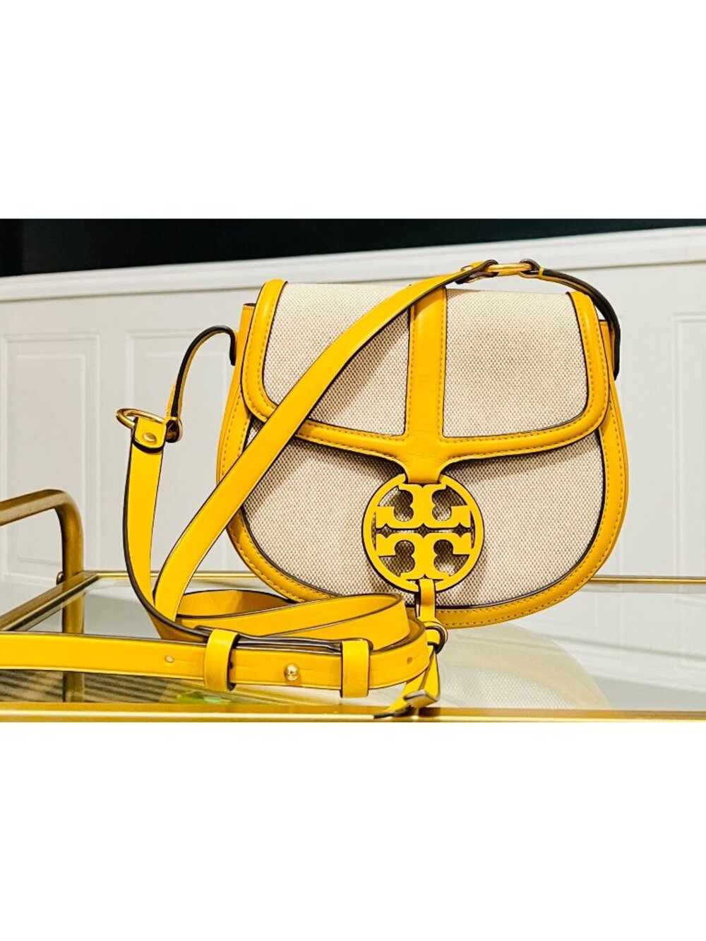 Tory Burch Miller Canvas & Leather Saddle Bag Yellow/Natural Crossb